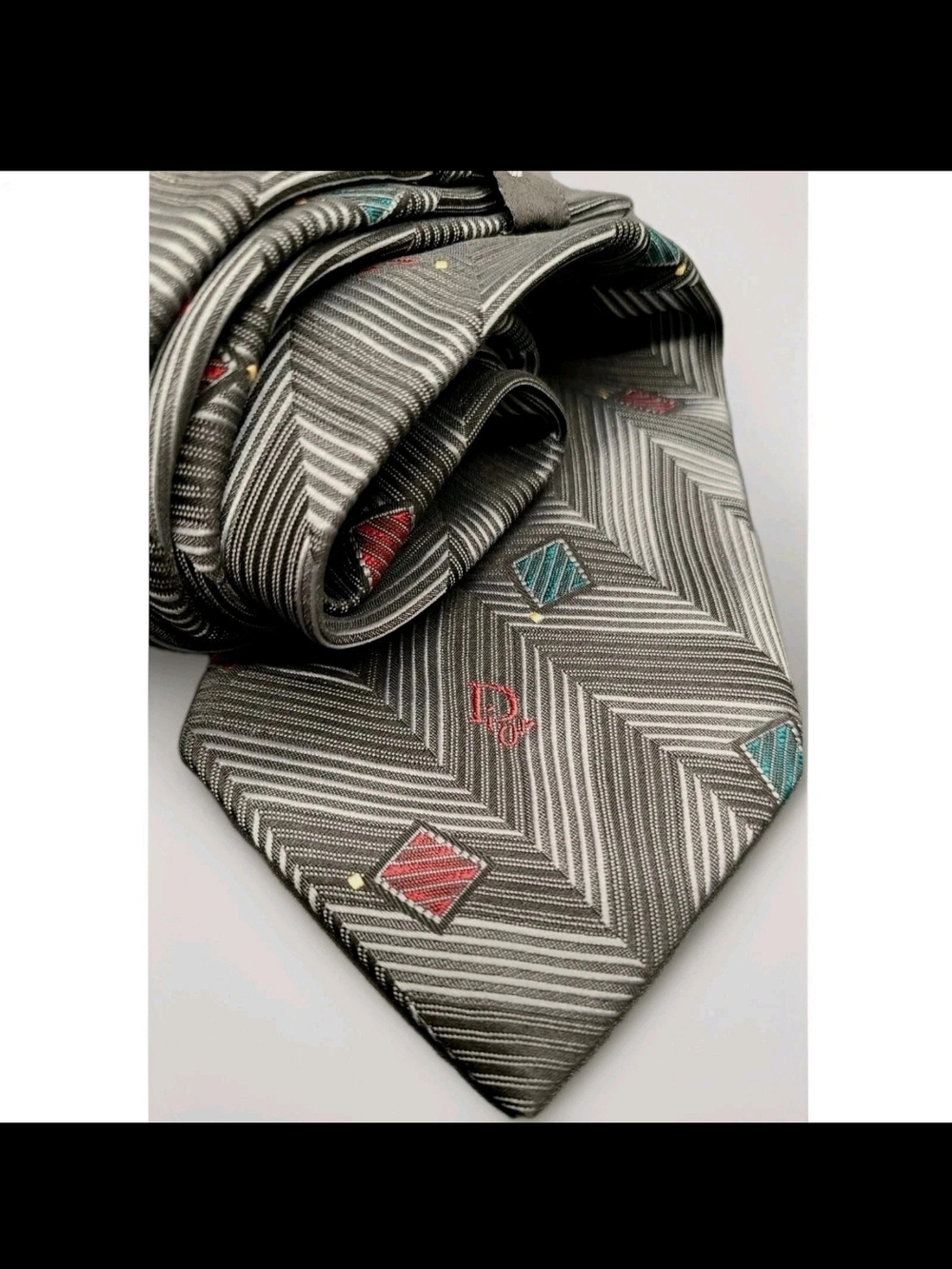 Christian Dior MONSIEUR Neck Tie Geometric Grey Matte Metal Tone